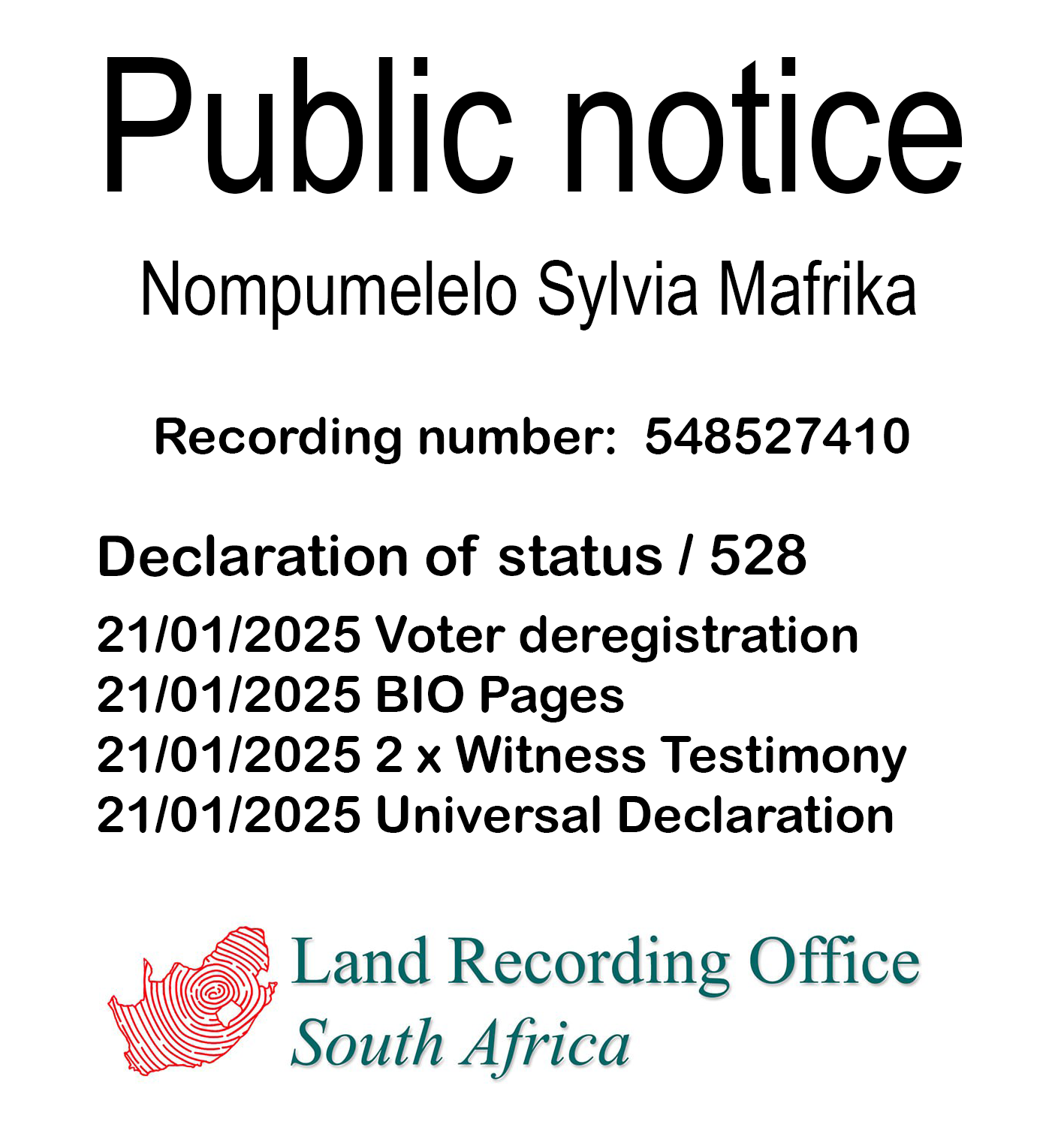 Public notice Nompumelelo Sylvia Mafrika Recording number 548527410